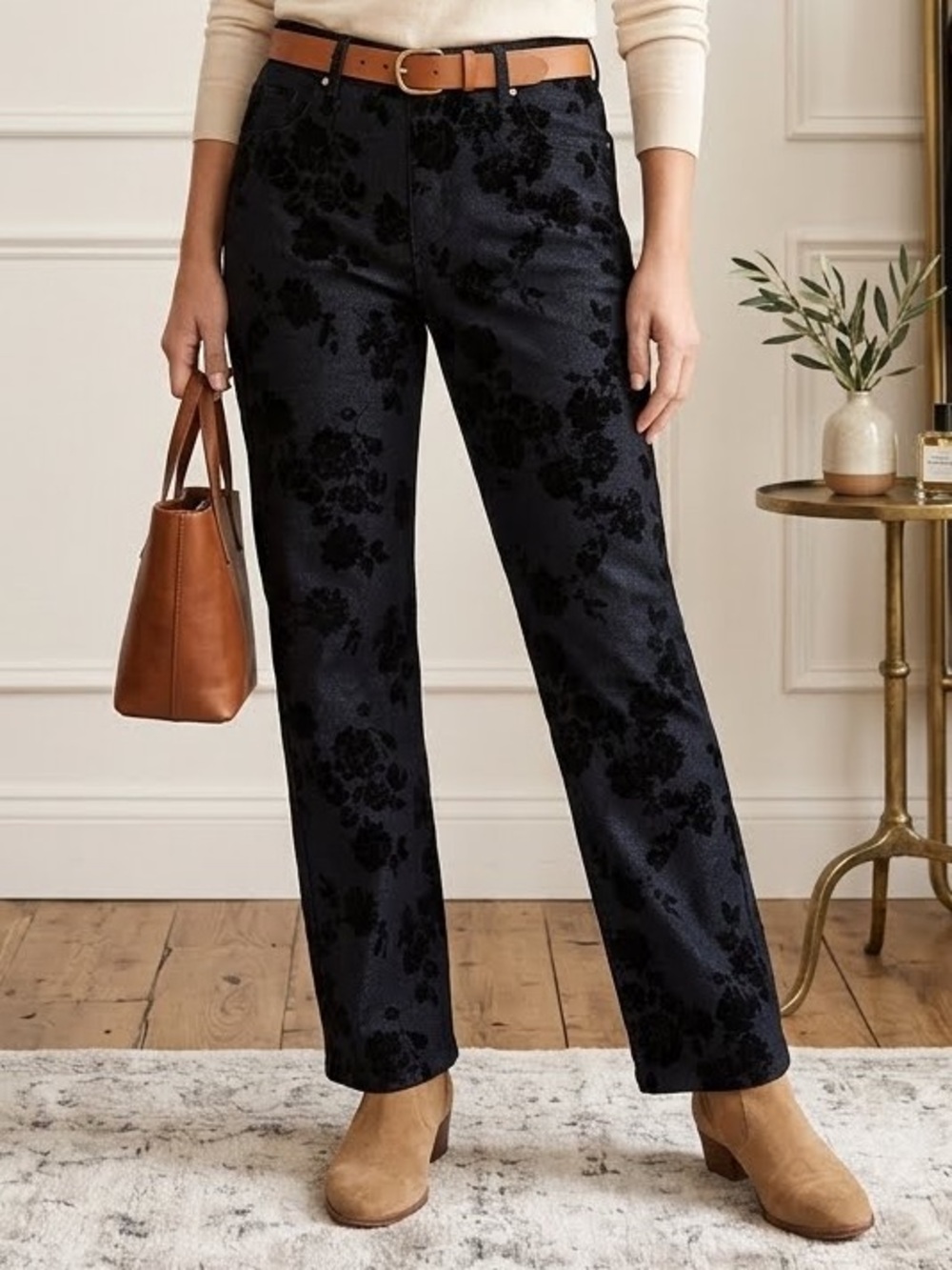 C Established 1946 Jeans denim Wide-Leg Floral velvet Flocked Black 16W NWT